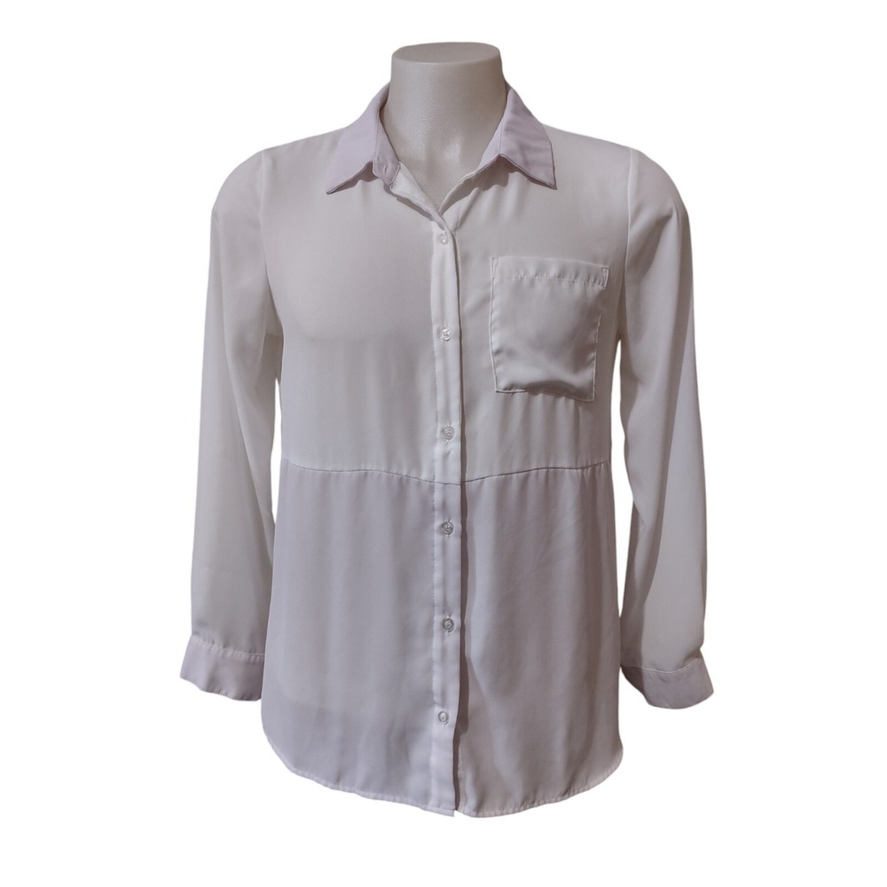 Ophelia Roe Blouse Women's XL Ivory Pink Button Down Shirt Collared Pocket Sheer